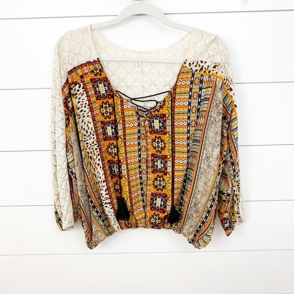 Lapis Tops - Lapis Boho Print and Lace Top